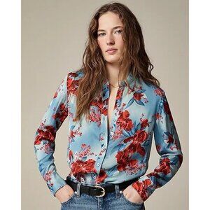 J Crew Womens Drapey Button Up Shirt XXS Blue Floral Viscose Twill Preppy Blouse